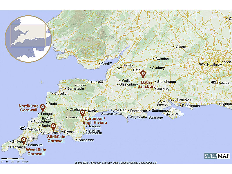 Karte Cornwall Südengland Reise Route