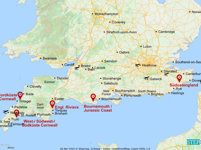 Karte Küsten Reise Südengland Engl Riviera Cornwall