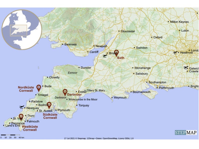 Karte Rosamunde Pilcher Reise Route Suedengland