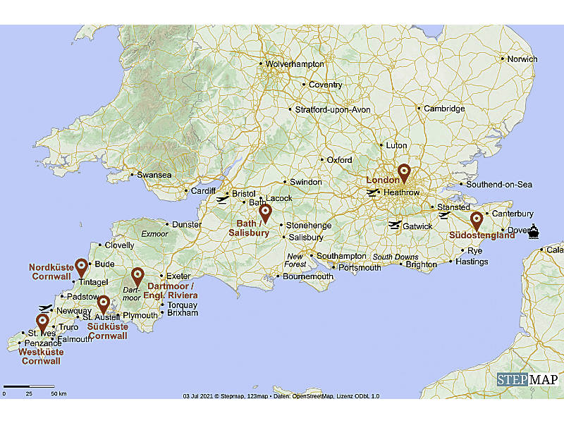 Karte Suedengland Reise mit Hund