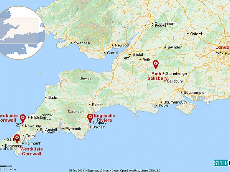 Karte Zugreise London Bath Salisbury Torquay Westen und Norden Cornwall